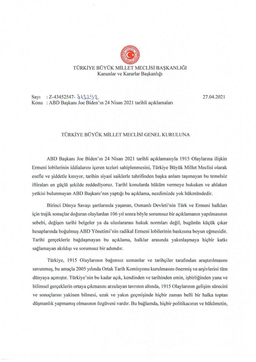 Meclis'ten ABD Başkanı Biden'a ortak tepki